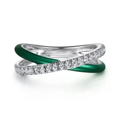 New Gabriel & Co. Enamel - 925 Sterling Silver White Sapphire Criss Cross Stackable with Chrome Green Enamel