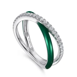 New Gabriel & Co. Enamel - 925 Sterling Silver White Sapphire Criss Cross Stackable with Chrome Green Enamel