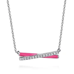 Best Gabriel & Co. Enamel - 925 Sterling Silver White Sapphire Criss Cross Bar Necklace with Fuchsia Enamel