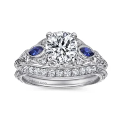 Online Gabriel & Co. Enchanted - Vintage Inspired 14K White Gold Round Three Stone Sapphire and Diamond Engagement Ring