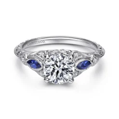 Online Gabriel & Co. Enchanted - Vintage Inspired 14K White Gold Round Three Stone Sapphire and Diamond Engagement Ring