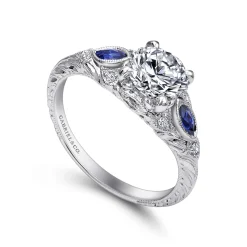 Online Gabriel & Co. Enchanted - Vintage Inspired 14K White Gold Round Three Stone Sapphire and Diamond Engagement Ring