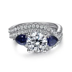 Outlet Gabriel & Co. Estefania - 14K White Gold Round Bypass Three Stone Sapphire and Diamond Engagement Ring