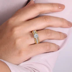 Best Gabriel & Co. Famke - 14K White-Yellow Gold Split Shank Round Diamond Engagement Ring