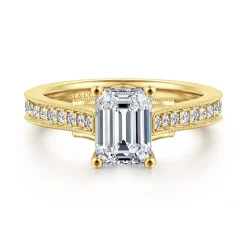 Sale Gabriel & Co. Favola - 14K Yellow Gold Emerald Cut Lotus Diamond Engagement Ring