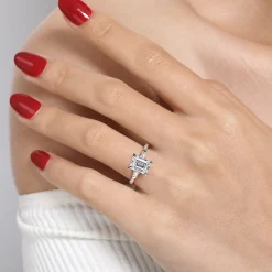 New Gabriel & Co. Feana - 14K White Gold Emerald Cut Three Stone Diamond Engagement Ring