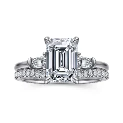 New Gabriel & Co. Feana - 14K White Gold Emerald Cut Three Stone Diamond Engagement Ring