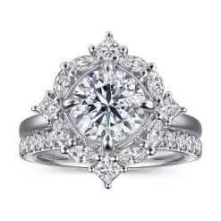 New Gabriel & Co. Fernanda - 14K White Gold Compass Prong Round Halo Diamond Engagement Ring