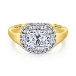 Clearance Gabriel & Co. Fillipa - 14K White-Yellow Gold Elongated Cushion Double Halo Diamond Engagement Ring