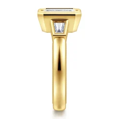Best Gabriel & Co. Fiorenza - 14K Yellow Gold Emerald Cut Three Stone Bezel Set Diamond Engagement Ring