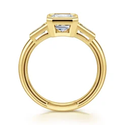 Best Gabriel & Co. Fiorenza - 14K Yellow Gold Emerald Cut Three Stone Bezel Set Diamond Engagement Ring