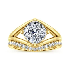 Gabriel & Co. Fiori - 14K Yellow Gold Split Shank Compass Prong Cushion Cut Diamond Engagement Ring