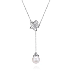 Gabriel & Co. Floral - 20 inch 925 Sterling Silver Floral White Sapphire and Pearl Y Necklace
