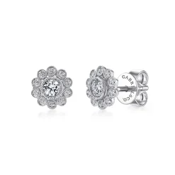 Discount Gabriel & Co. Floral - 14K White Gold Bezel Set Round Diamond Flower Stud Earrings