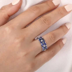 Sale Gabriel & Co. Floral - 14K White Gold Diamond and Blue Sapphire Floral Wide Band Ring