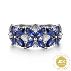 Sale Gabriel & Co. Floral - 14K White Gold Diamond and Blue Sapphire Floral Wide Band Ring