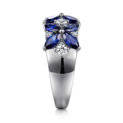 Sale Gabriel & Co. Floral - 14K White Gold Diamond and Blue Sapphire Floral Wide Band Ring