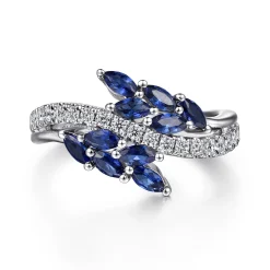 New Gabriel & Co. Floral - 14K White Gold Diamond and Blue Sapphire Marquise Floral Ring