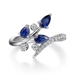 New Gabriel & Co. Floral - 14K White Gold Diamond and Blue Sapphire Bypass Floral Ring