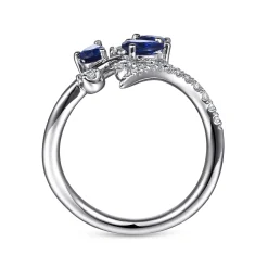 New Gabriel & Co. Floral - 14K White Gold Diamond and Blue Sapphire Bypass Floral Ring