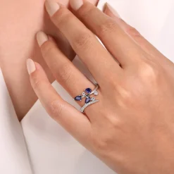 New Gabriel & Co. Floral - 14K White Gold Diamond and Blue Sapphire Bypass Floral Ring