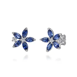 Discount Gabriel & Co. Floral - 14K White Gold Diamond and Marquise Sapphire Flower Stud Earrings