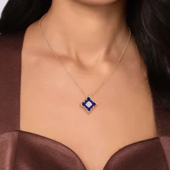 Discount Gabriel & Co. Floral - 18K White Yellow Gold Diamond and Lapis Floral Pendant Necklace