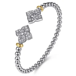 Discount Gabriel & Co. Floral - 14K Yellow Gold and 925 Sterling Silver Bujukan Beads and White Sapphire Flower Split Bangle Bracelet
