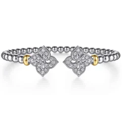 Discount Gabriel & Co. Floral - 14K Yellow Gold and 925 Sterling Silver Bujukan Beads and White Sapphire Flower Split Bangle Bracelet
