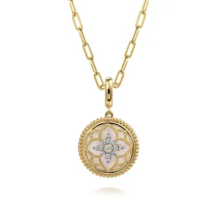 Outlet Gabriel & Co. Floral - 14K Yellow Gold Bujukan Diamond and Mother of Pearl Medallion Pendant in size 18mm With Detachable Bail