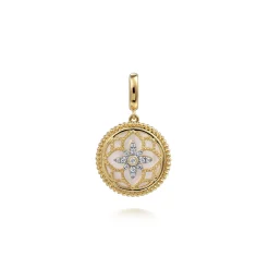 Outlet Gabriel & Co. Floral - 14K Yellow Gold Bujukan Diamond and Mother of Pearl Medallion Pendant in size 18mm With Detachable Bail