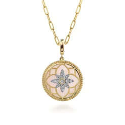Gabriel & Co. Floral - 14K Yellow Gold Bujukan Diamond and Pink Mother of Pearl Medallion Pendant in size 24mm With Detachable Bail