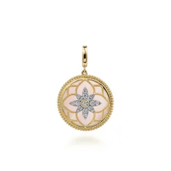 Gabriel & Co. Floral - 14K Yellow Gold Bujukan Diamond and Pink Mother of Pearl Medallion Pendant in size 24mm With Detachable Bail
