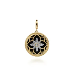 New Gabriel & Co. Floral - 14K Yellow Gold Bujukan Diamond and Black Onyx Medallion Pendant in size 24mm With Detachable Bail