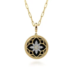New Gabriel & Co. Floral - 14K Yellow Gold Bujukan Diamond and Black Onyx Medallion Pendant in size 24mm With Detachable Bail