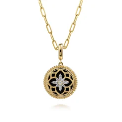 New Gabriel & Co. Floral - 14K Yellow Gold Bujukan Diamond and Black Onyx Medallion Pendant in size 18mm With Detachable Bail