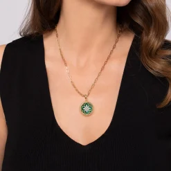 Gabriel & Co. Floral - 14K Yellow Gold Bujukan Diamond and Malachite Medallion Pendant in size 24mm With Detachable Bail