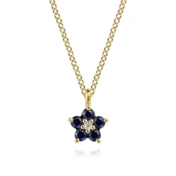 Sale Gabriel & Co. Floral - 14K Yellow Gold Diamond and Sapphire Flower Pendant Necklace