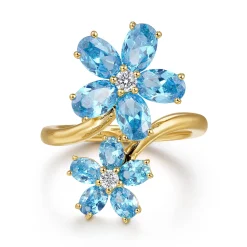 Best Gabriel & Co. Floral - 14K Yellow Gold Diamond and Blue Topaz Bypass Flower Ring