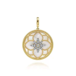Clearance Gabriel & Co. Floral - 14K Yellow Gold 32mm Bujukan Diamond and Mother of Pearl Medallion Pendant With Detachable Bail