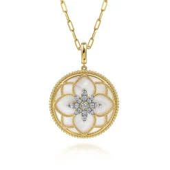 Clearance Gabriel & Co. Floral - 14K Yellow Gold 32mm Bujukan Diamond and Mother of Pearl Medallion Pendant With Detachable Bail