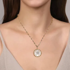 Clearance Gabriel & Co. Floral - 14K Yellow Gold 32mm Bujukan Diamond and Mother of Pearl Medallion Pendant With Detachable Bail