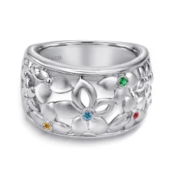 Sale Gabriel & Co. Floral - 925 Sterling Silver Wide Flower Band with Multi Colored Stones