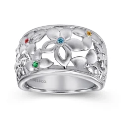 Sale Gabriel & Co. Floral - 925 Sterling Silver Wide Flower Band with Multi Colored Stones