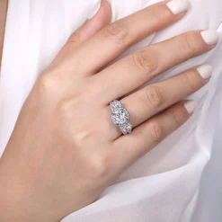 Outlet Gabriel & Co. France - 14K White Gold Round 3 Stone Halo Diamond Engagement Ring