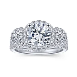 Outlet Gabriel & Co. France - 14K White Gold Round 3 Stone Halo Diamond Engagement Ring