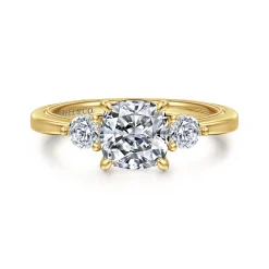 New Gabriel & Co. Georgia - 14K Yellow Gold Cushion Cut Three Stone Diamond Engagement Ring