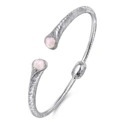 Gabriel & Co. Hammered 925 Sterling Silver Rock Crystal and Pink MOP Hinged Cuff