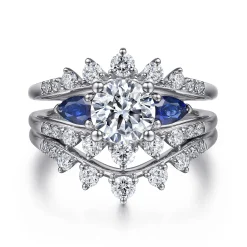 Discount Gabriel & Co. Harmony - 14K White Gold Round Three Stone Sapphire and Diamond Engagement Ring