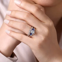Discount Gabriel & Co. Harmony - 14K White Gold Round Three Stone Sapphire and Diamond Engagement Ring